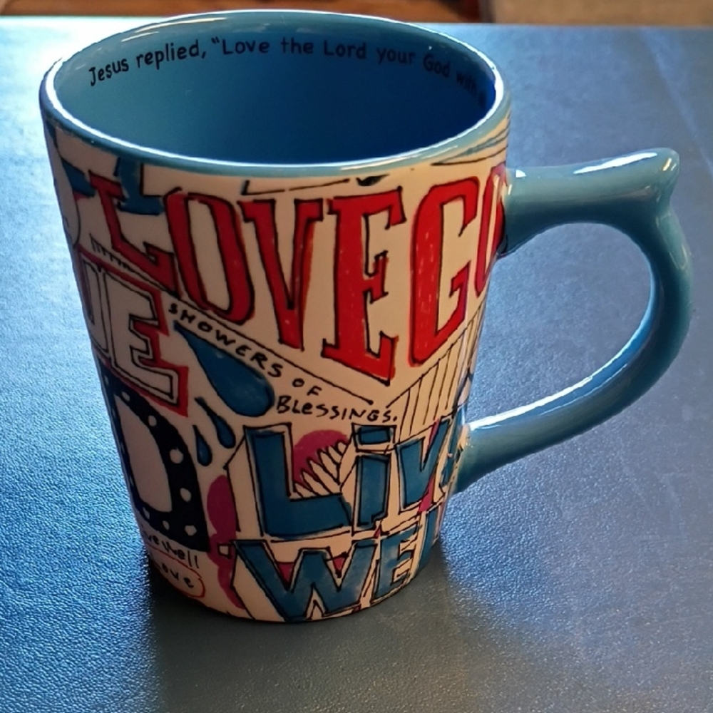 Inspirational Blue and Red Mug Love God DaySpring 47681 Kitch Cottagecore